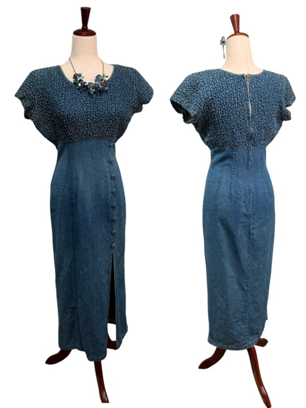 Vintage 90s Lira Mixed Media Denim Midi Dress